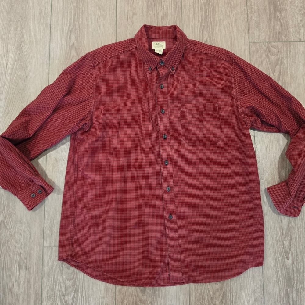 LL Bean Mens Red Black Houndstooth Cotton Button Down Shirt Large Reg 298276